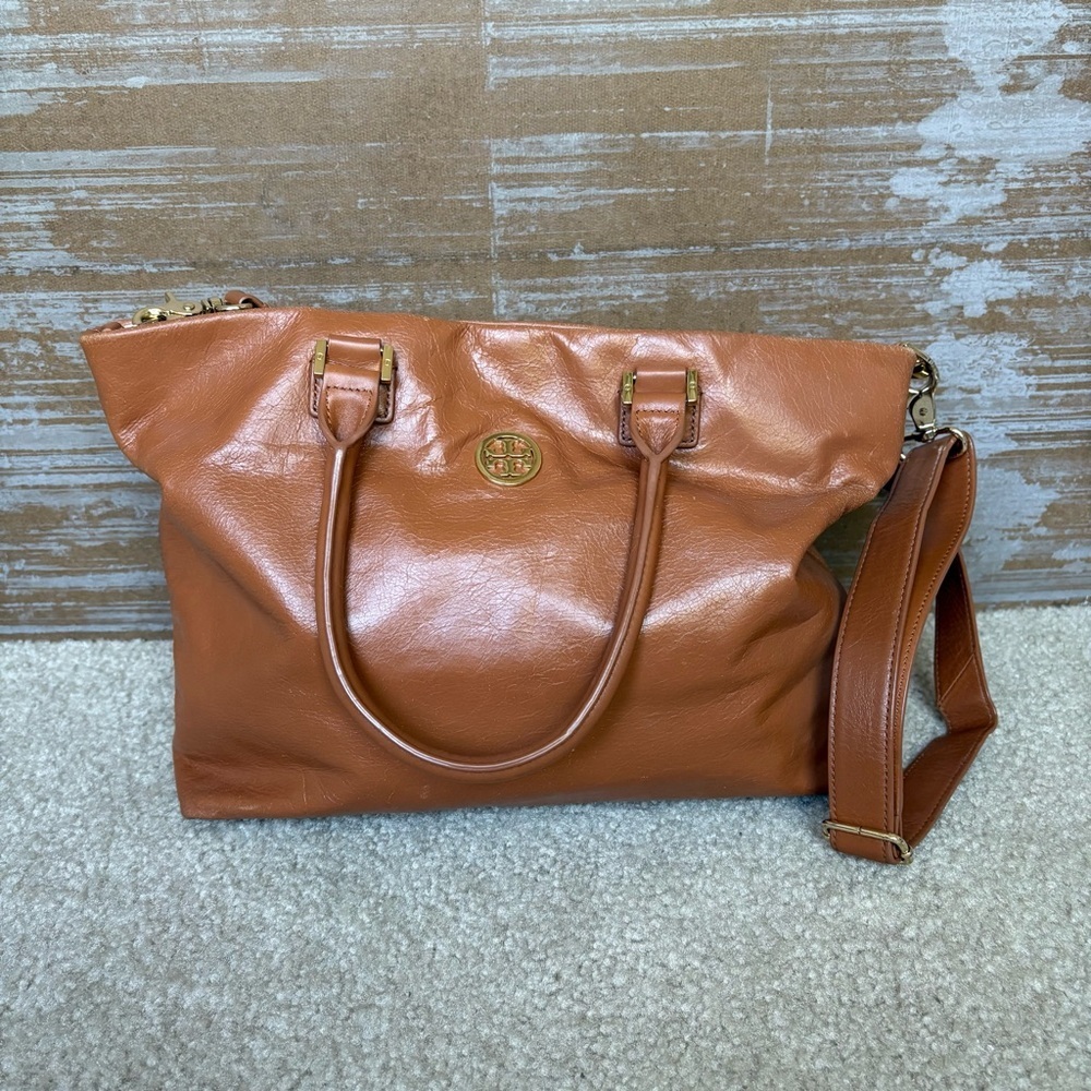 Tory Burch Dena Crossbody Purse Brown Leather Preppy Classic Gold Hardware